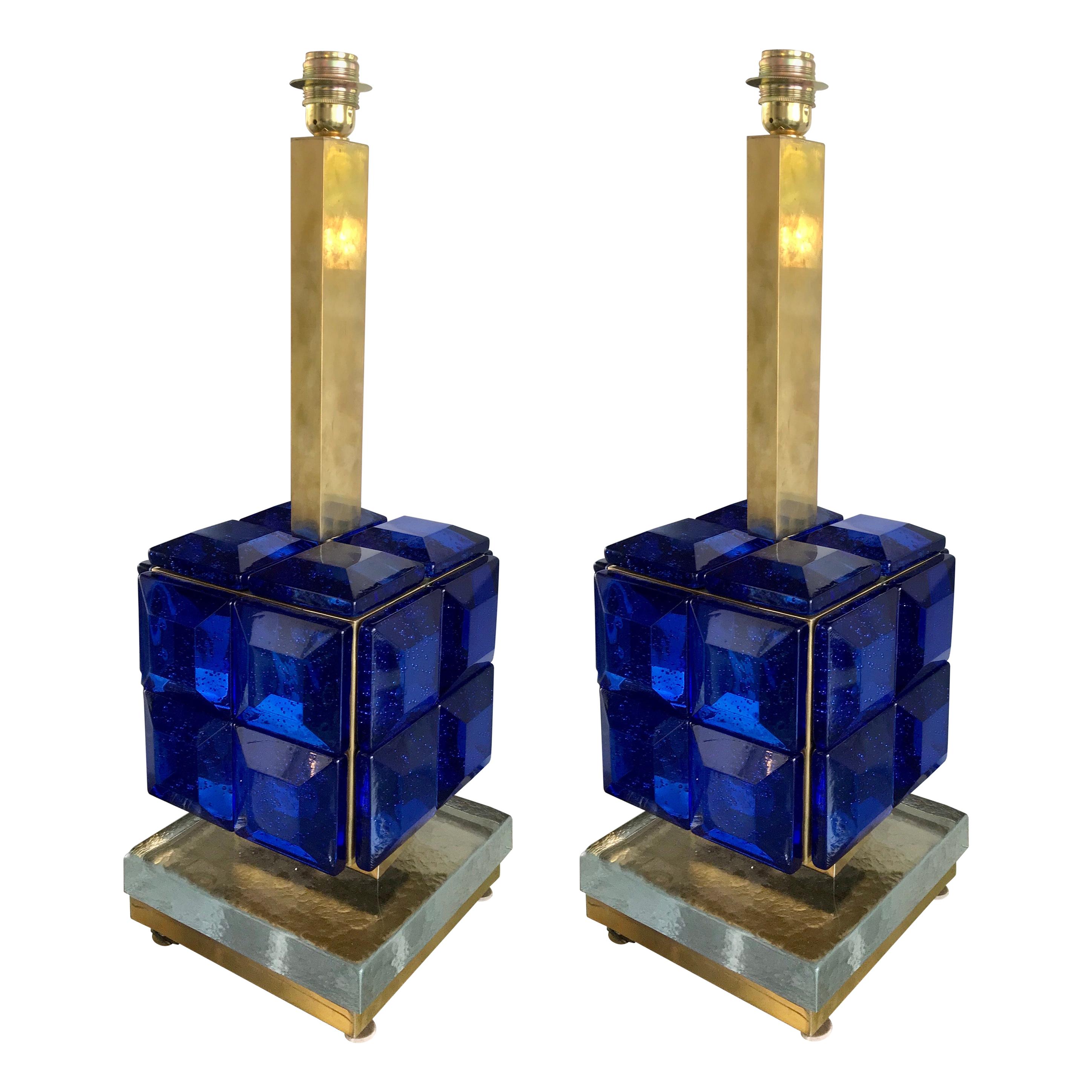 Pair of Italian Cobalt Blue Glass and Brass Table Lamps