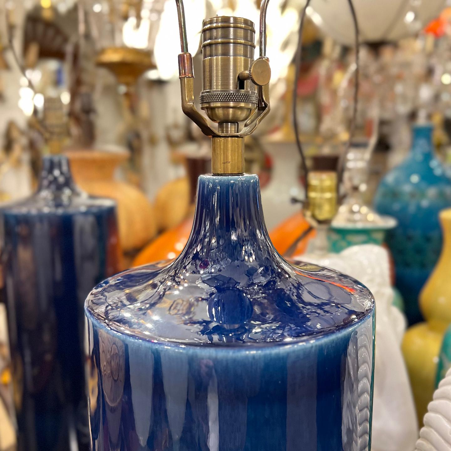 Glazed Pair of Italian Cobalt Blue Porcelain Table Lamps For Sale