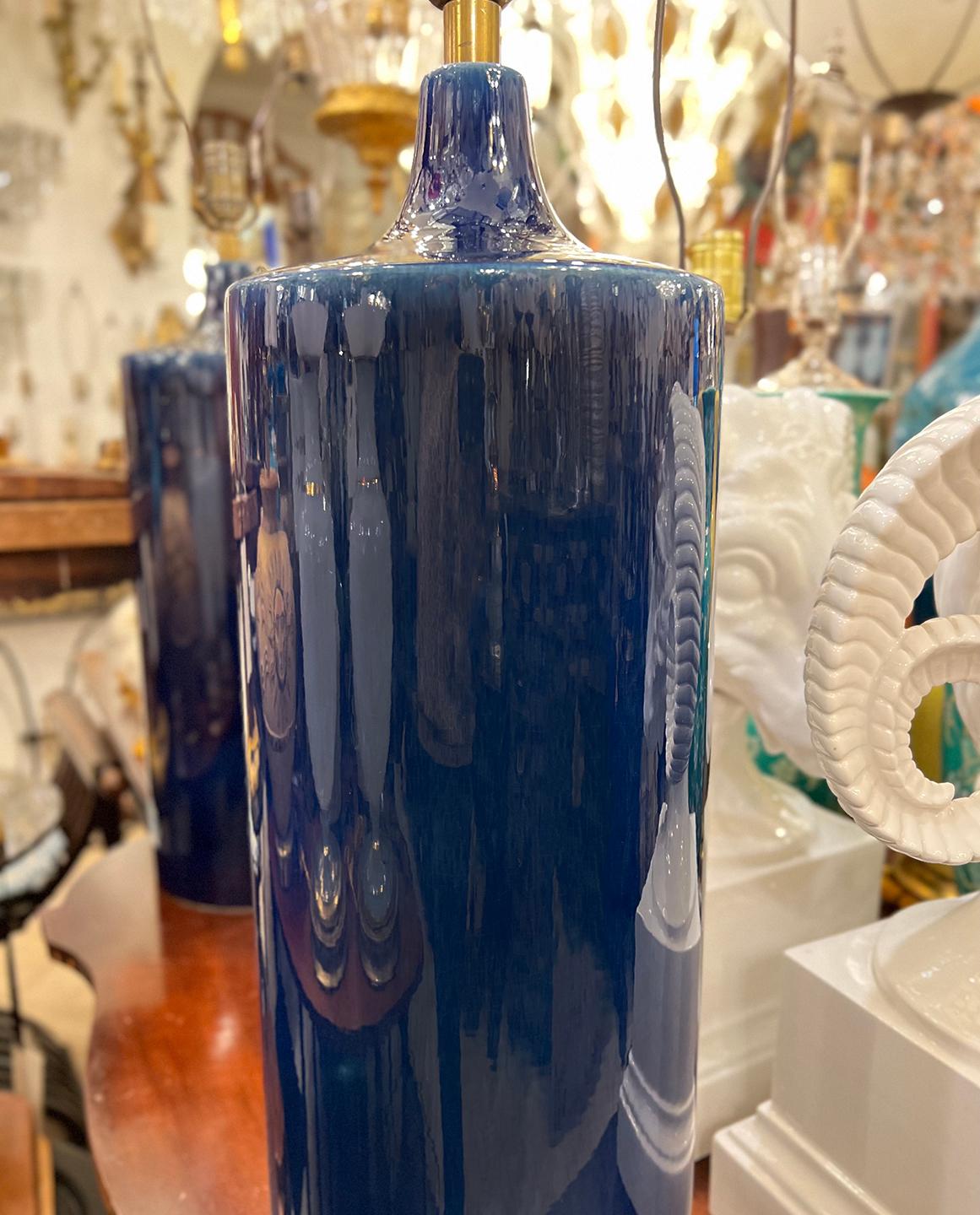 Pair of Italian Cobalt Blue Porcelain Table Lamps In Good Condition For Sale In New York, NY