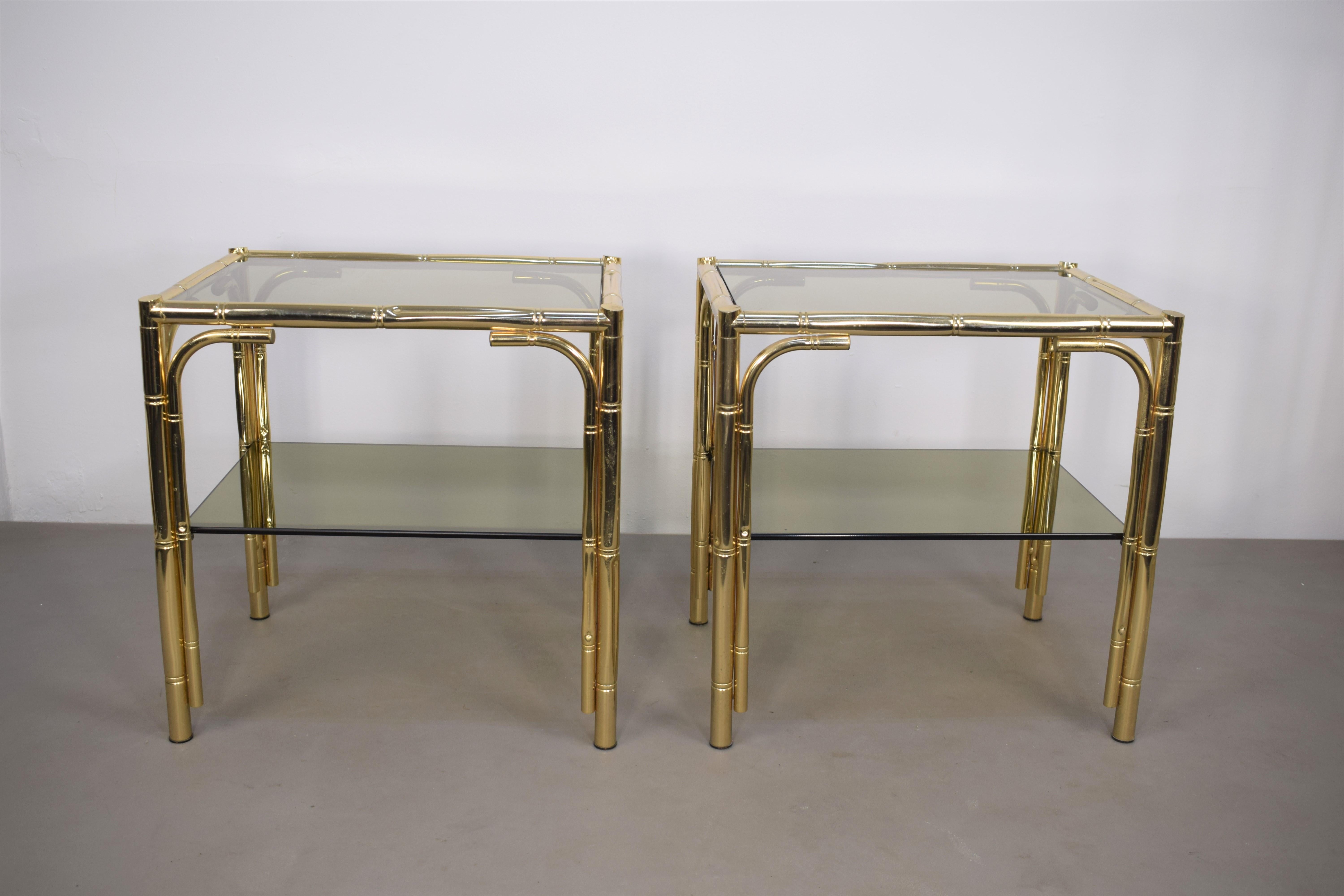 Pair of Italian Coffee Table, Golden Metal and Smoked Glass, 1970s In Good Condition For Sale In Palermo, PA