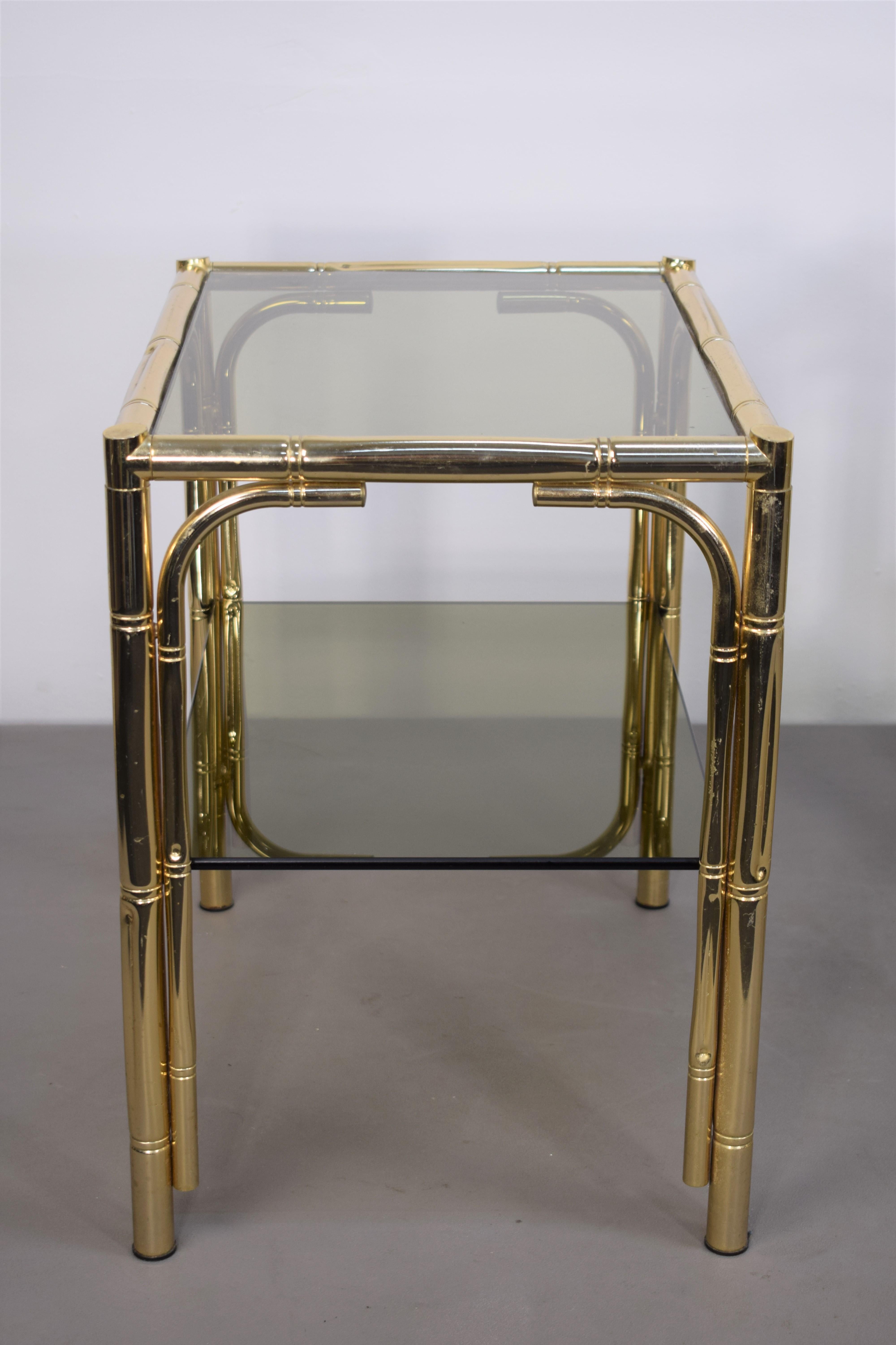 Pair of Italian Coffee Table, Golden Metal and Smoked Glass, 1970s For Sale 2