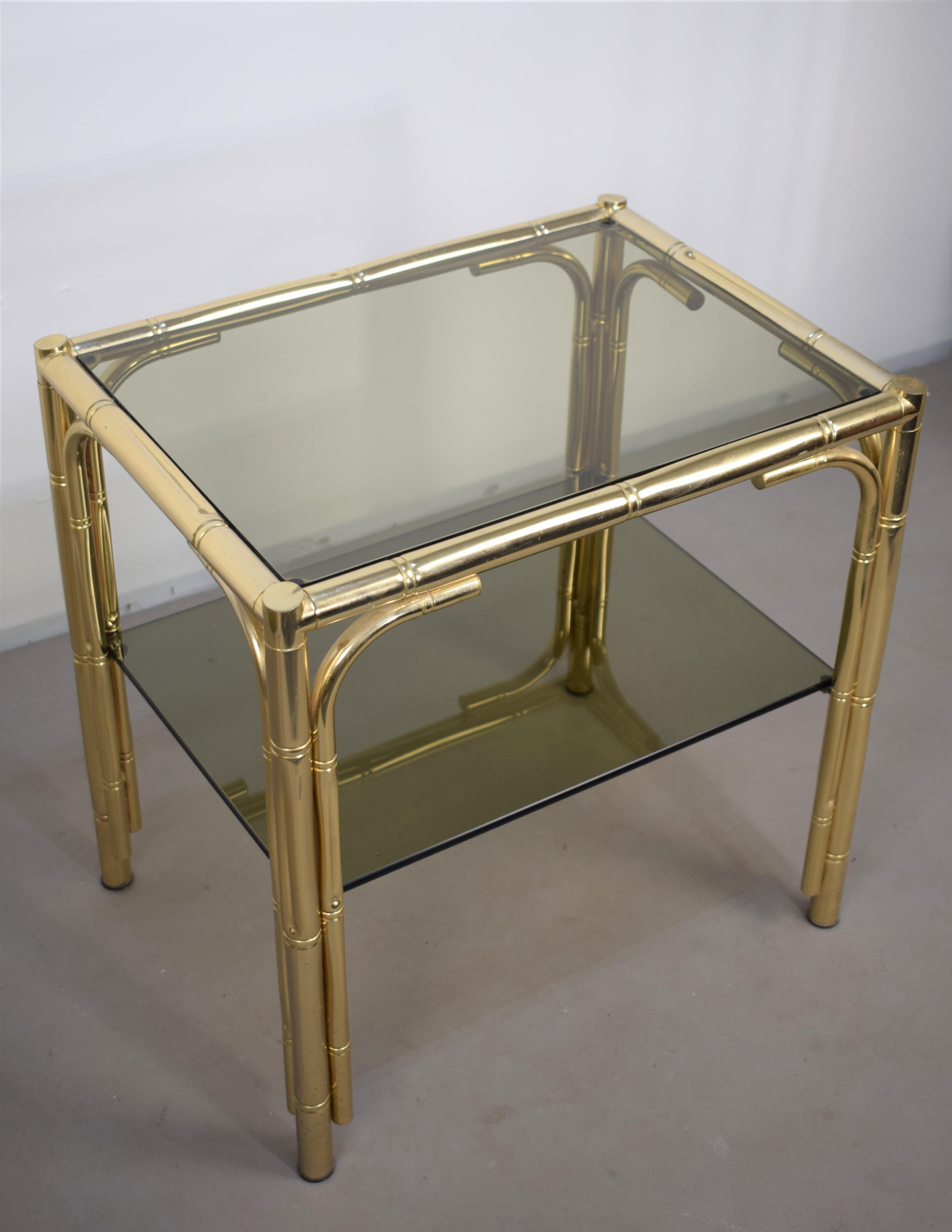 Pair of Italian Coffee Table, Golden Metal and Smoked Glass, 1970s For Sale 3