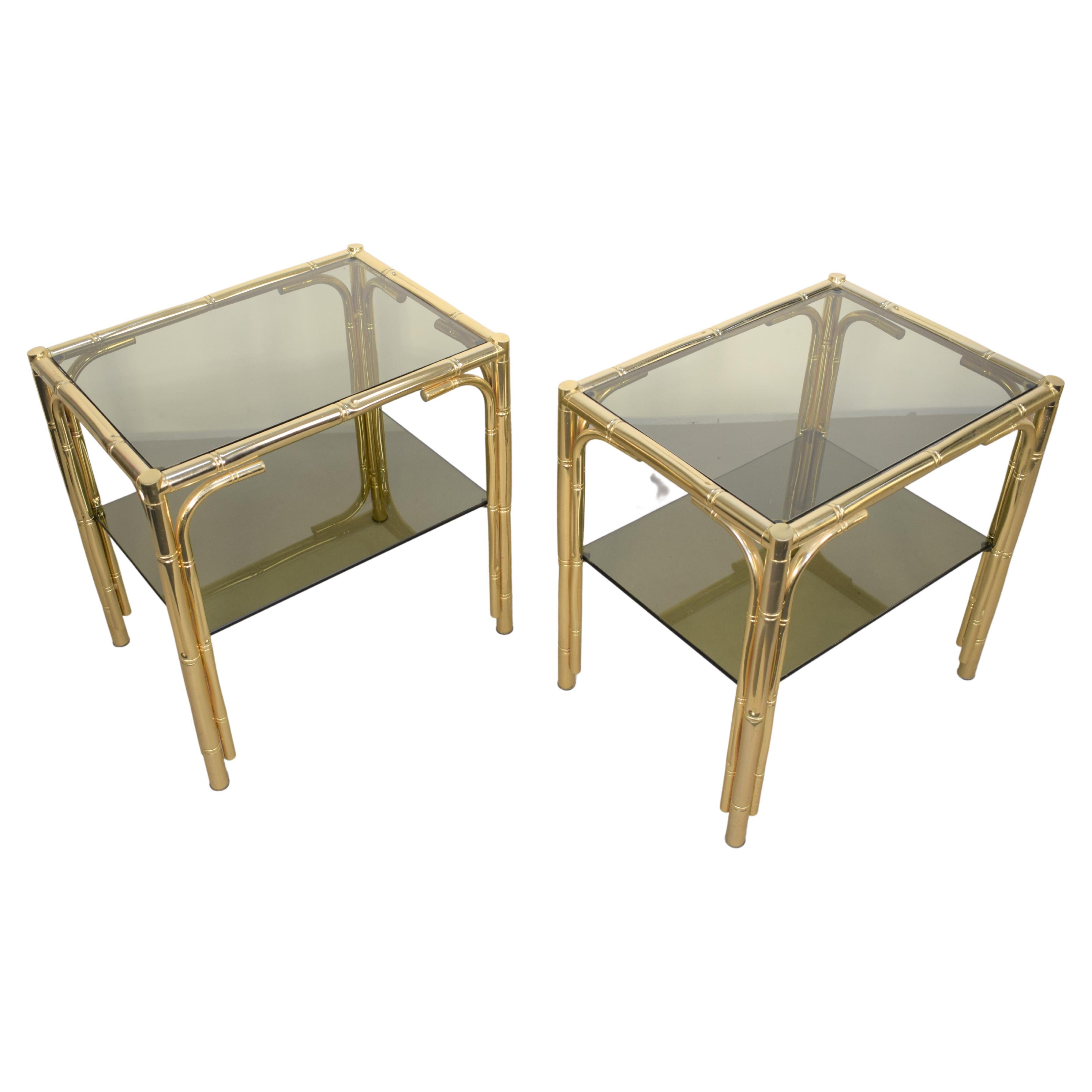 Pair of Italian Coffee Table, Golden Metal and Smoked Glass, 1970s For Sale
