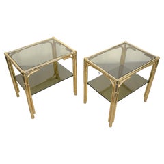 Pair of Italian Coffee Table, Golden Metal and Smoked Glass, 1970s