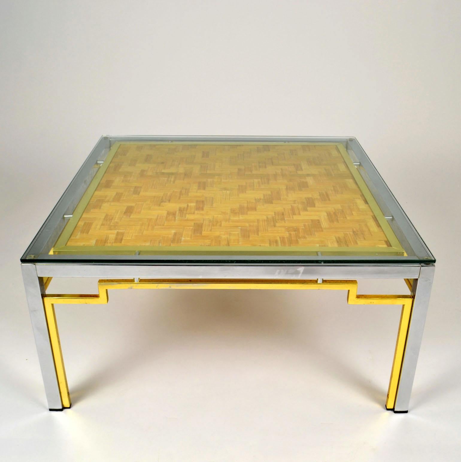 Hollywood Regency Pair of Italian Coffee Tables Bamboo top, Chrome and Gilded Brass Frame For Sale