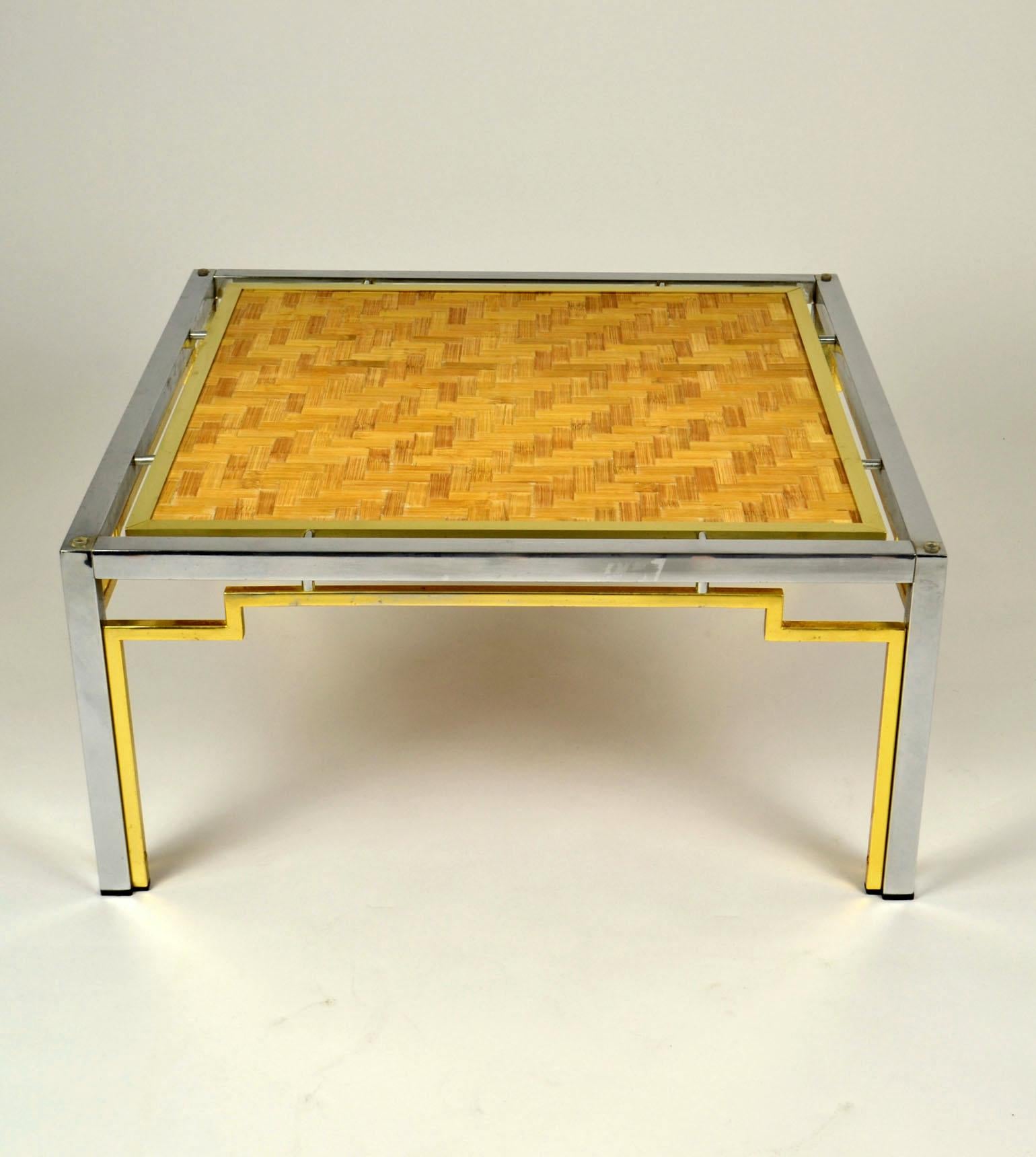 Gilt Pair of Italian Coffee Tables Bamboo top, Chrome and Gilded Brass Frame For Sale