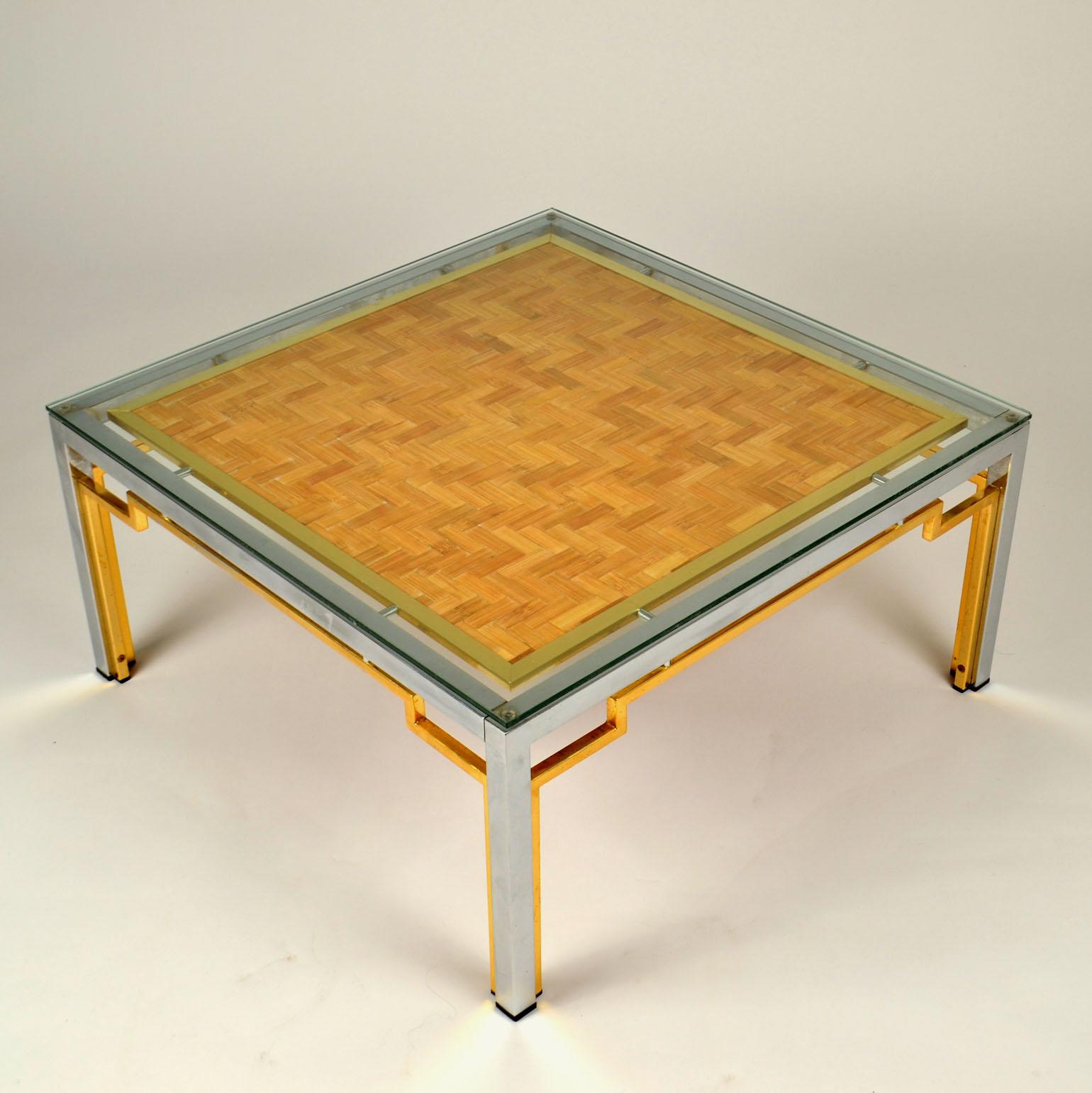 Pair of Italian Coffee Tables Bamboo top, Chrome and Gilded Brass Frame In Excellent Condition For Sale In London, GB