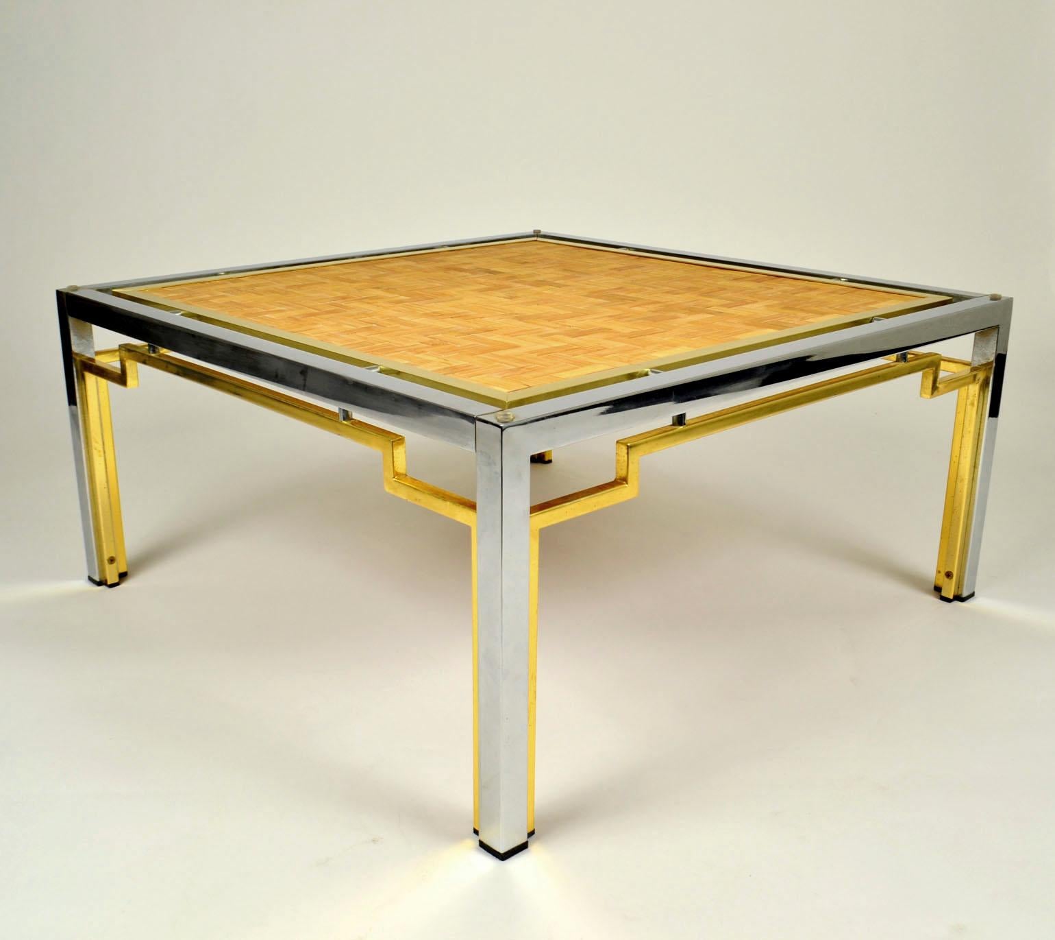 Late 20th Century Pair of Italian Coffee Tables Bamboo top, Chrome and Gilded Brass Frame For Sale