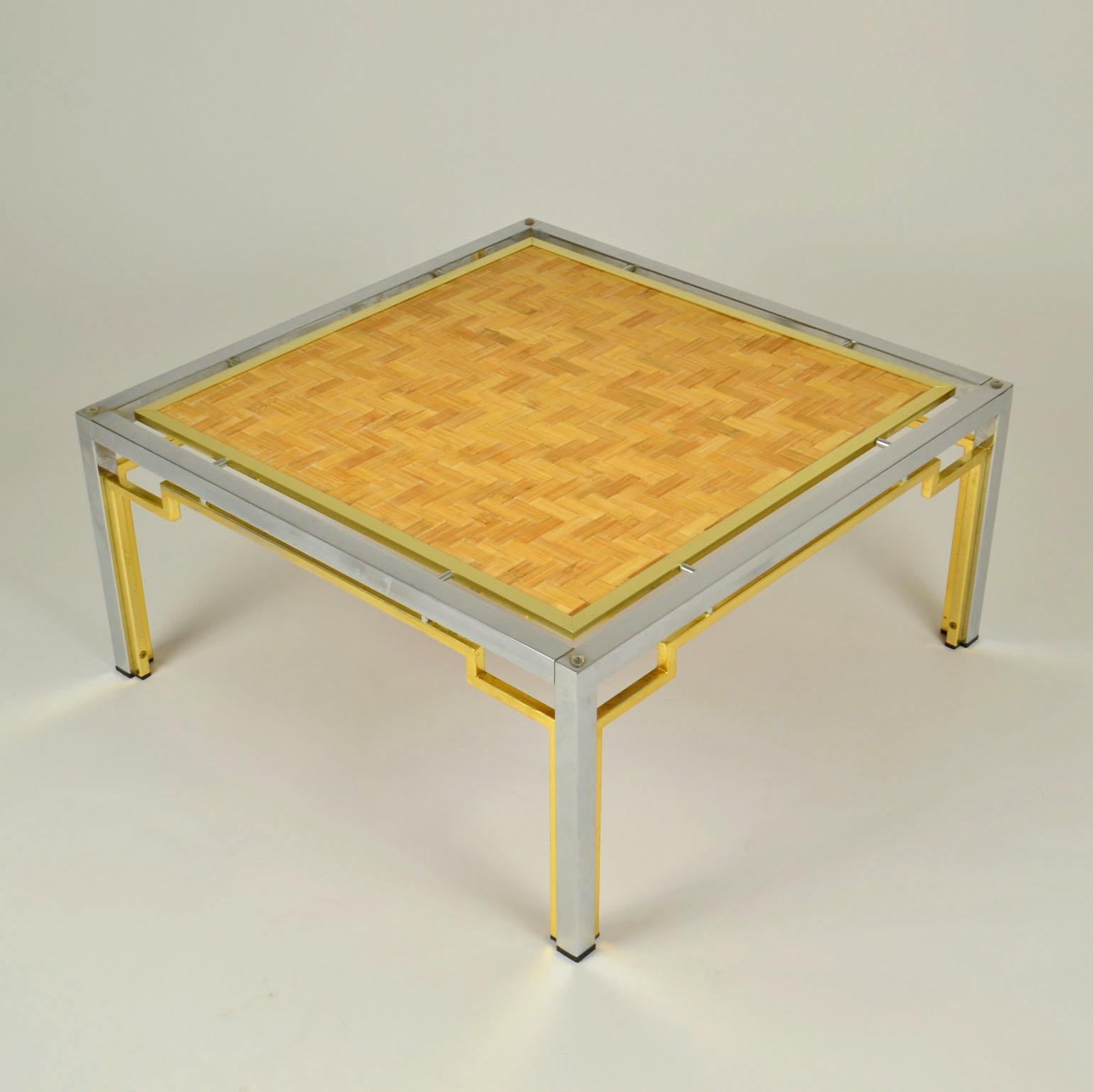 Pair of Italian Coffee Tables Bamboo top, Chrome and Gilded Brass Frame For Sale 1