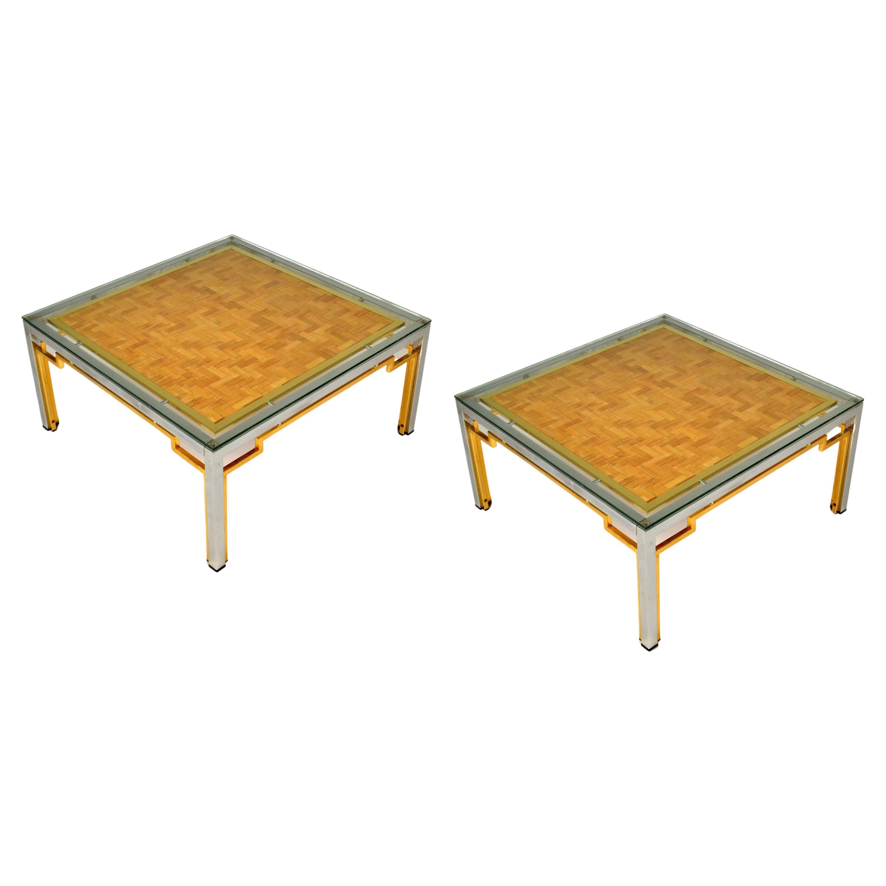 Pair of Italian Coffee Tables Bamboo top, Chrome and Gilded Brass Frame For Sale