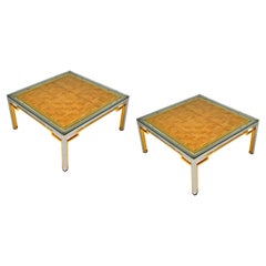 Paire de tables basses italiennes avec plateau en bambou, chrome et cadre en laiton doré