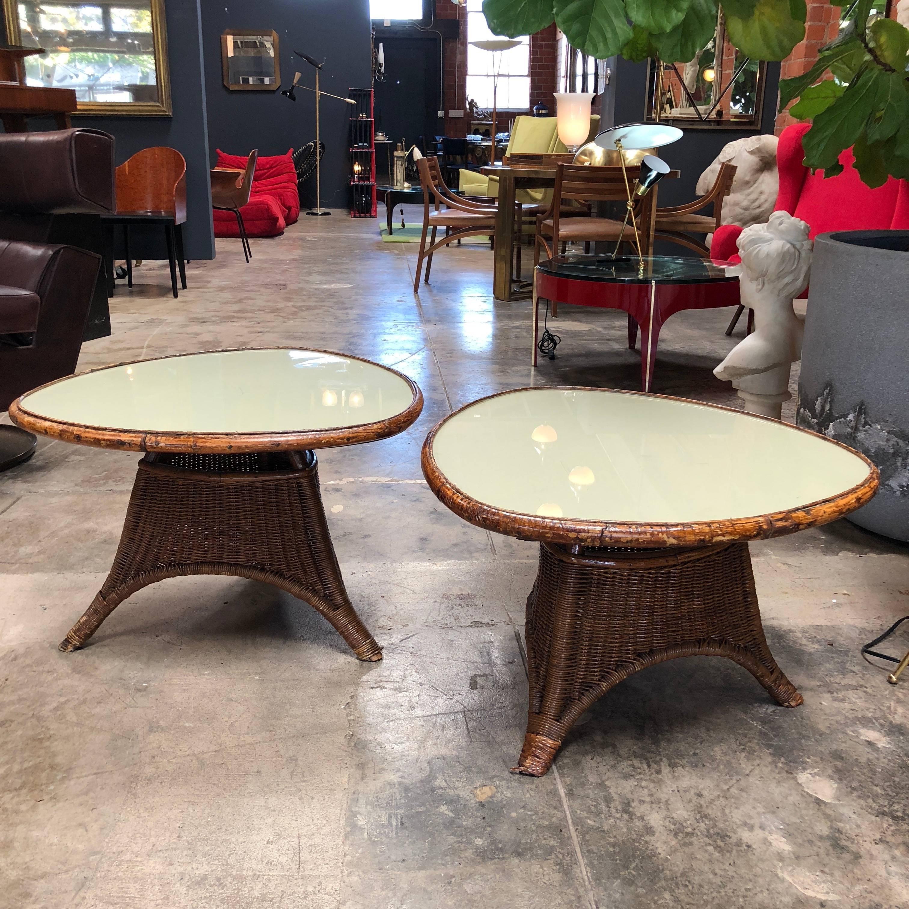 Placed side by side they would even make an interesting coffee table. The rattan bases makes these interesting tables light weight and easily moved from place to place. Their natural fibres pair nicely with Mid-Century Modern décor but look equally