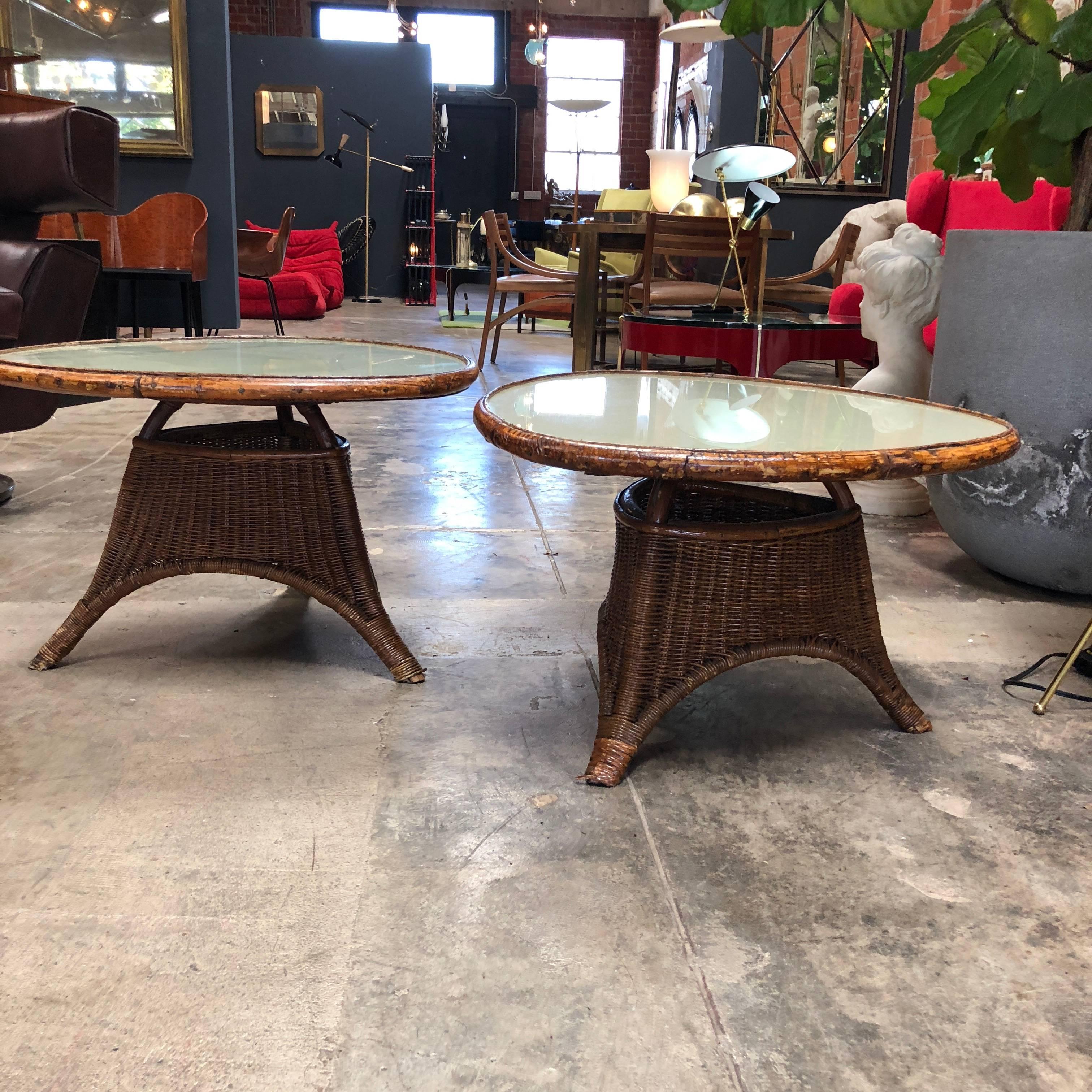 Mid-Century Modern Pair of Italian Coffee Tables in Rattan and Glass, 1960s