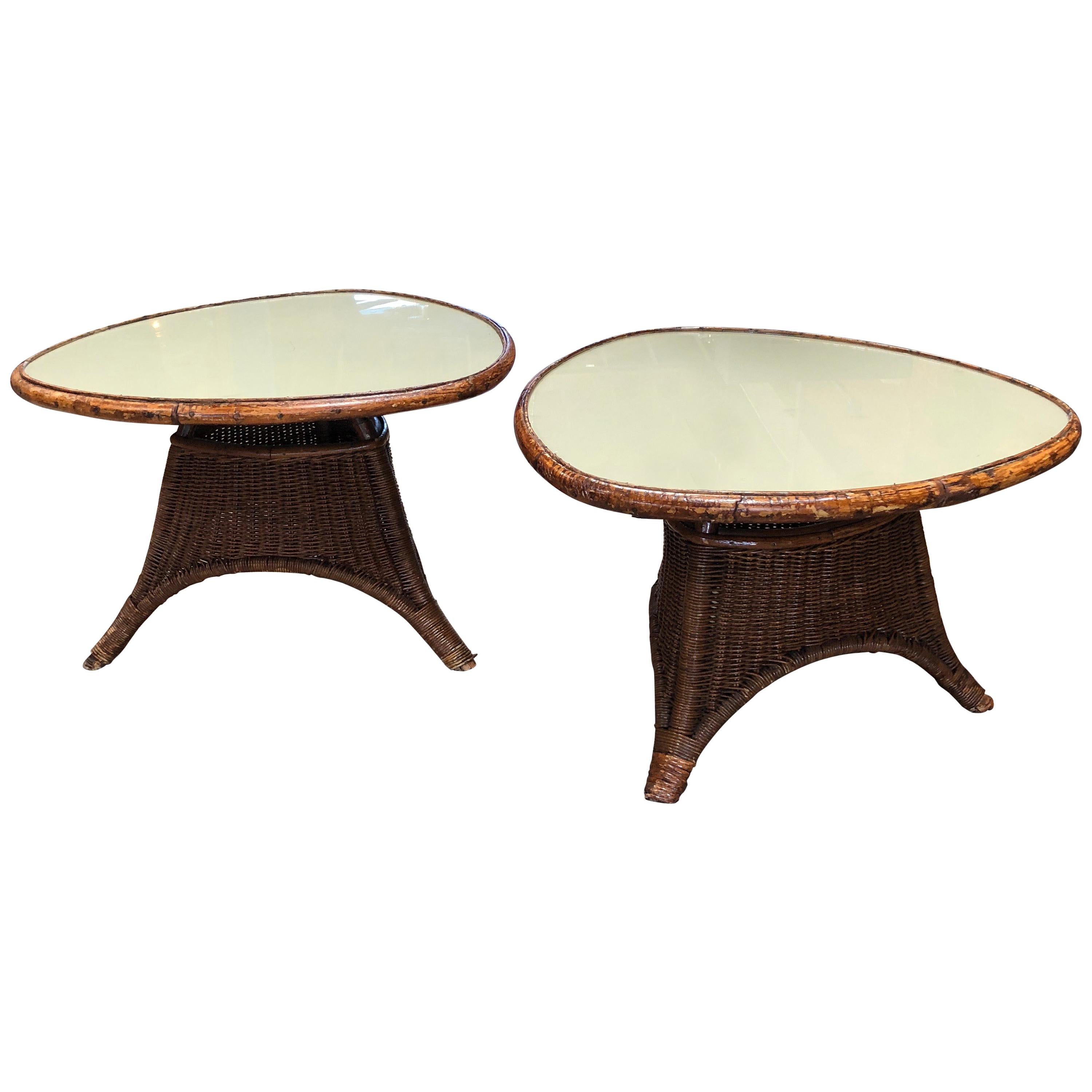 Pair of Italian Coffee Tables in Rattan and Glass, 1960s