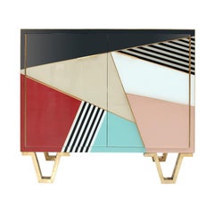 Mid Modern Italian Colored Glass Sideboards with Solid Wood Structure and Brass