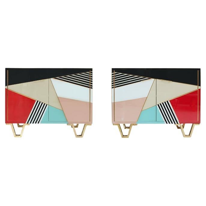 Coppia di credenze italiane in vetro colorato con struttura in legno massiccio, anni
50