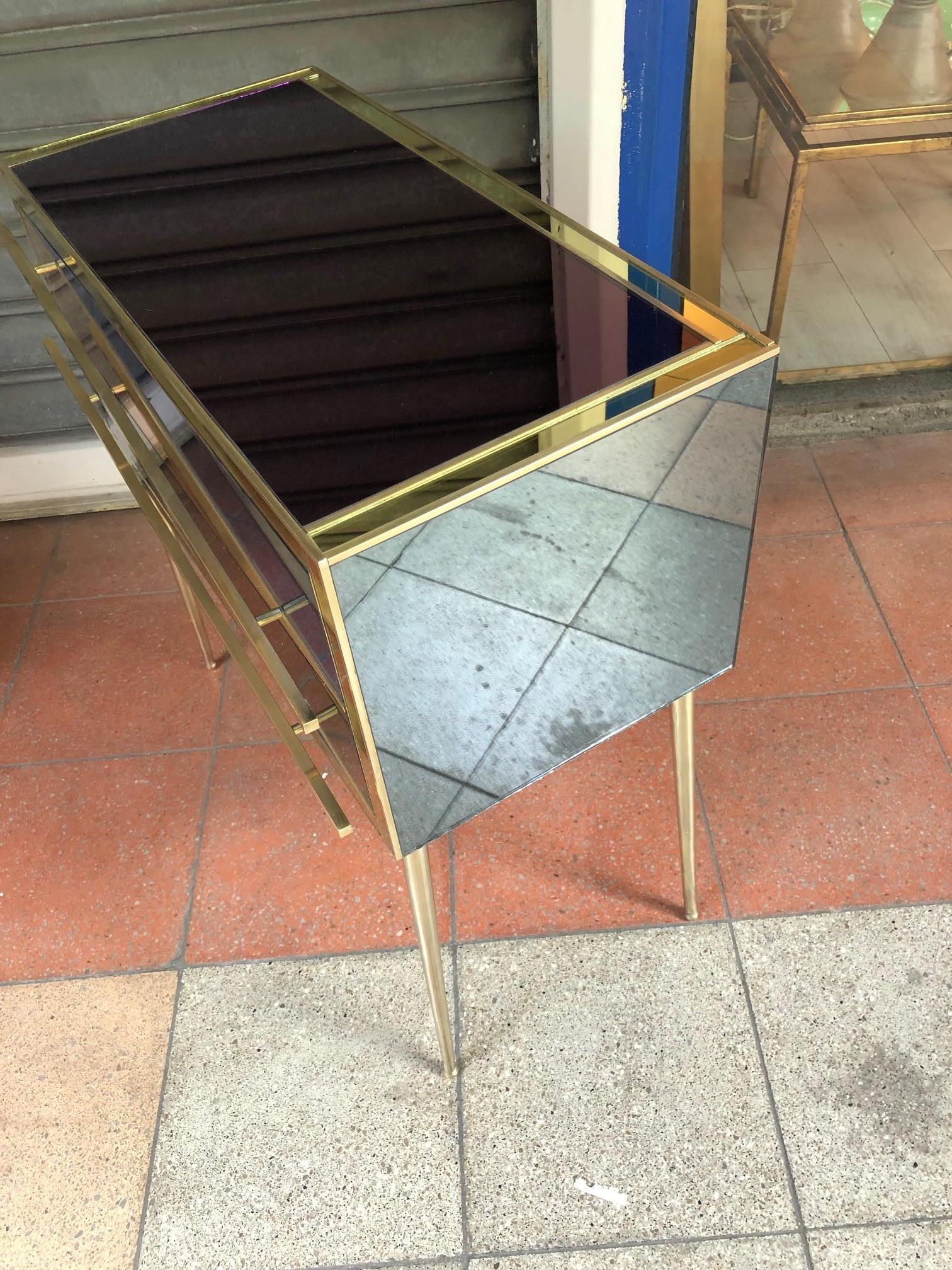 Pair of Italian Commodes in Brass in Tinted Glass and Brass with Two Drawers 2