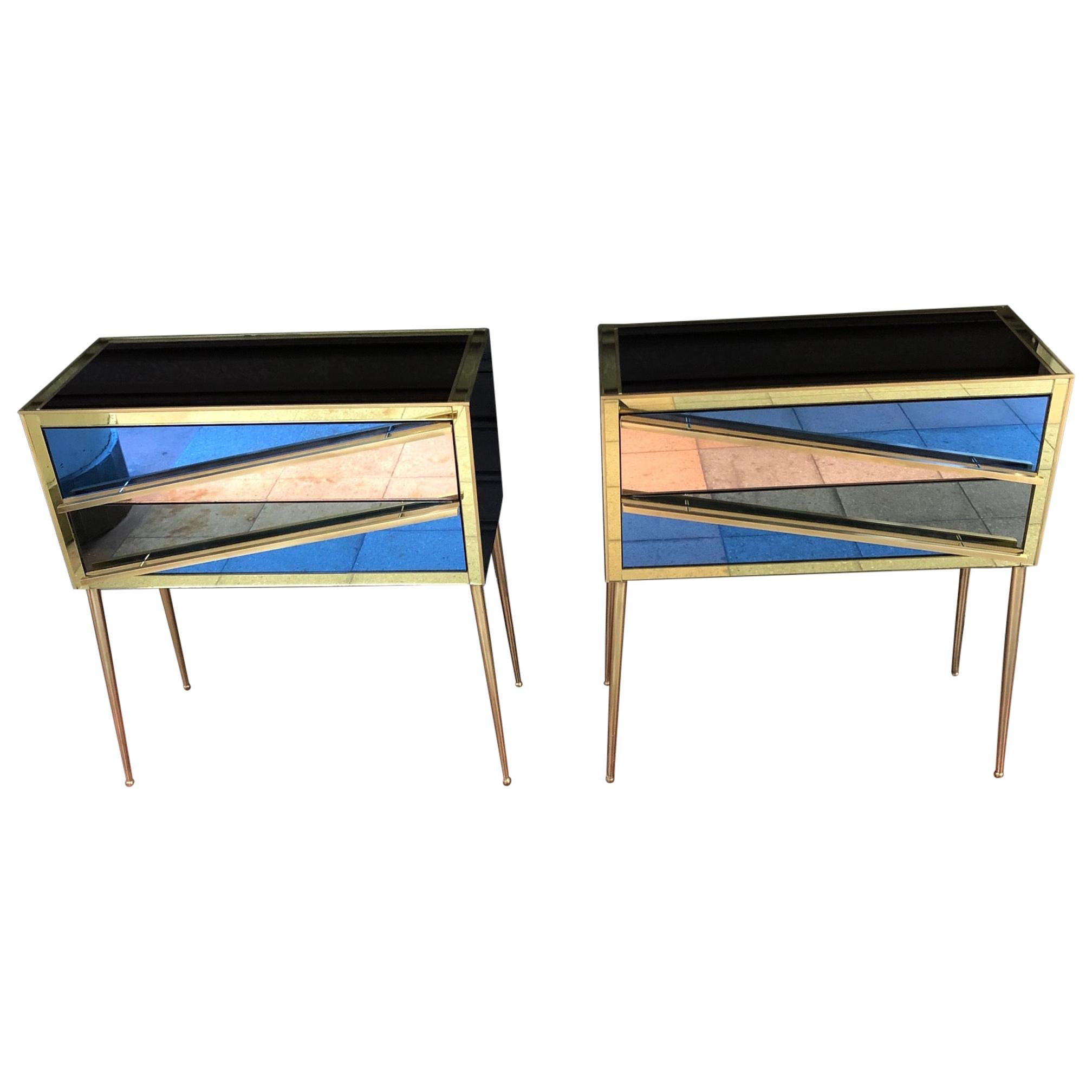 Pair of Italian Commodes in Brass in Tinted Glass and Brass with Two Drawers