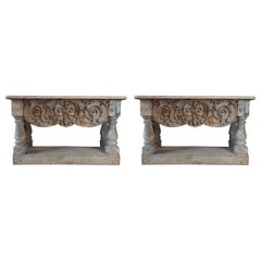 Pair of Italian Console Tables of 19th Century Fragments in Grey Blue and Gold