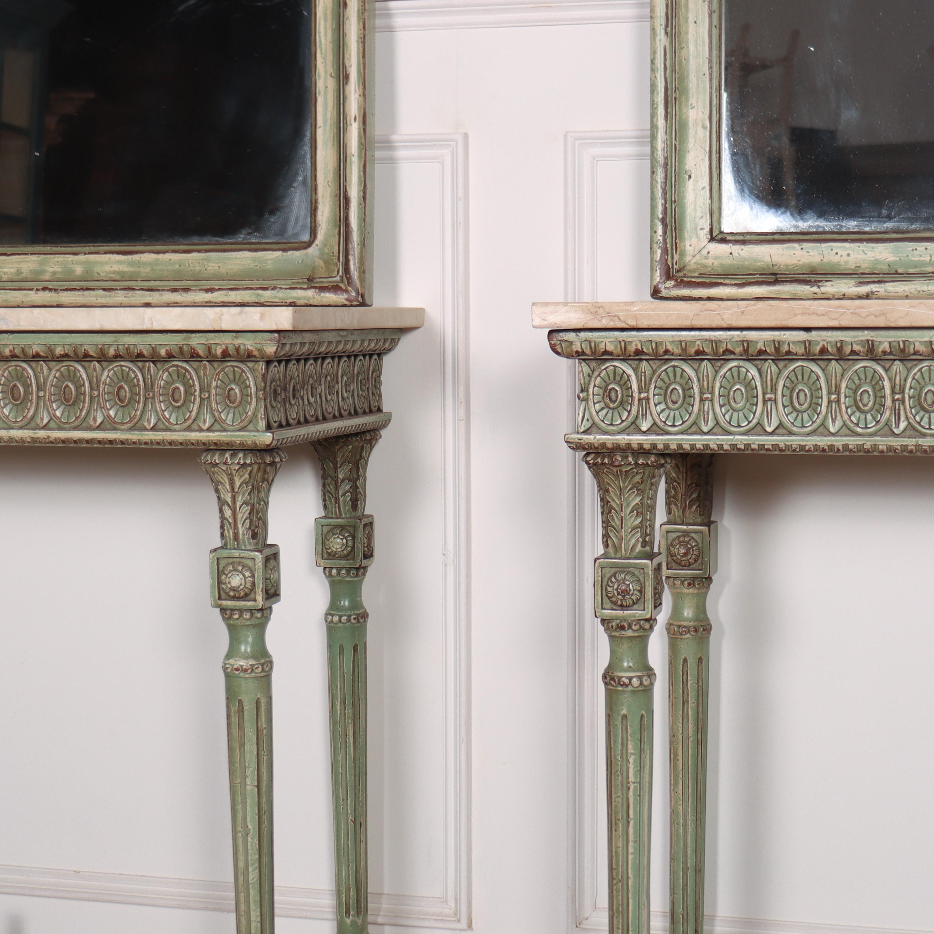 Pair of Italian carved and painted console tables with mirrors. 1930.

Mirror dimensions: 33