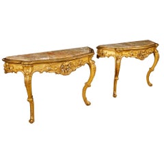 Pair of Italian Consoles in Giltwood with Marble Top in Louis XV Style