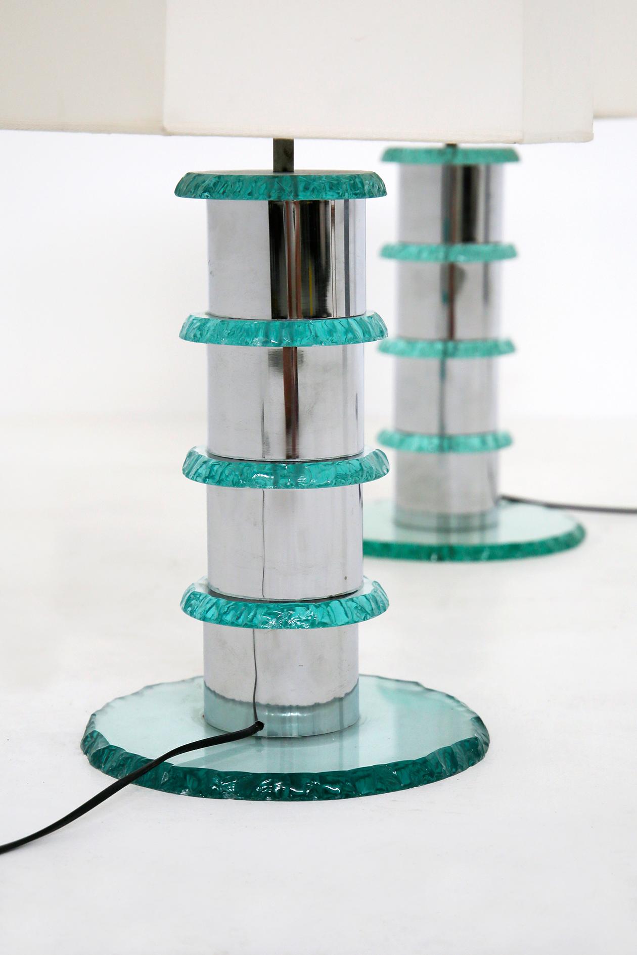 Post-Modern Pair of Italian Contemporary Table Lamps in Hammered Glass and Steel, 2010s