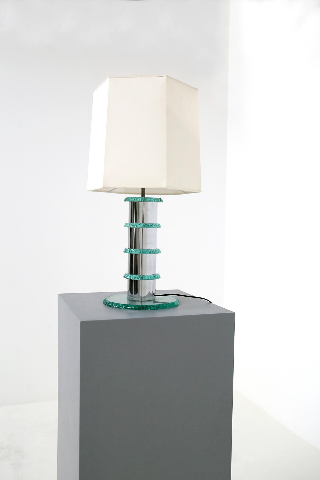 Pair of Italian Contemporary Table Lamps in Hammered Glass and Steel, 2010s In Good Condition In Milano, IT
