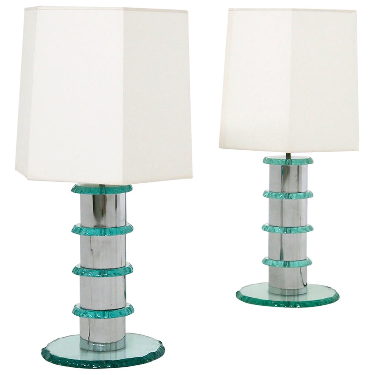 Pair of Italian Contemporary Table Lamps in Hammered Glass and Steel, 2010s