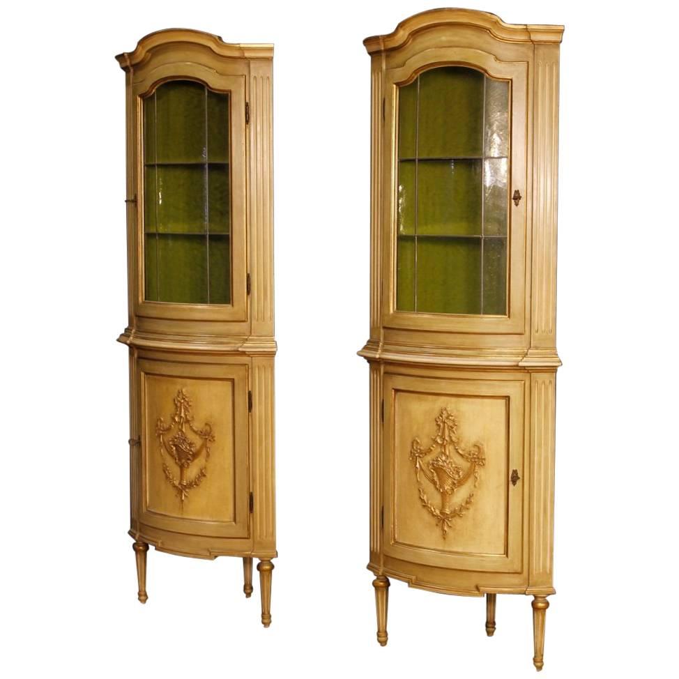 Pair of Italian Corner Cupboards in Lacquered and Gilt Wood in Louis XVI Style 