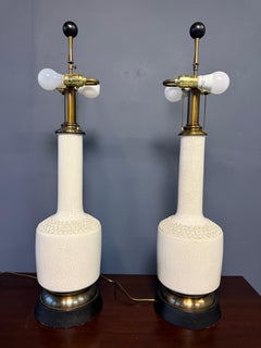 Pair of Italian Crackle-Glazed Ceramic Table Lamps with rosettes, Mid-Century