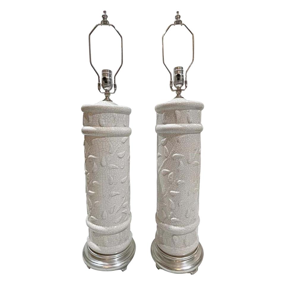 Pair of Italian Crackled White Porcelain Lamps For Sale