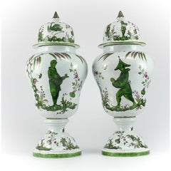 Pair of Italian Craquelure Ceramic Lidded Urn, Hand Painted Floral