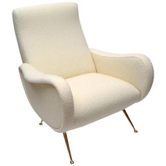 Pair of Italian Creamy White Bouclé Chairs with Brass Legs, circa 1950s