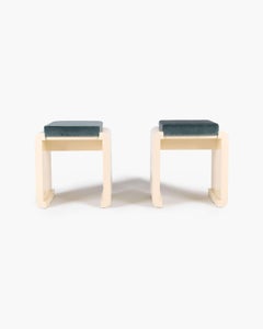Pair of Italian Creme Lacquered Vanity Stools with Teal Velvet Upholstery