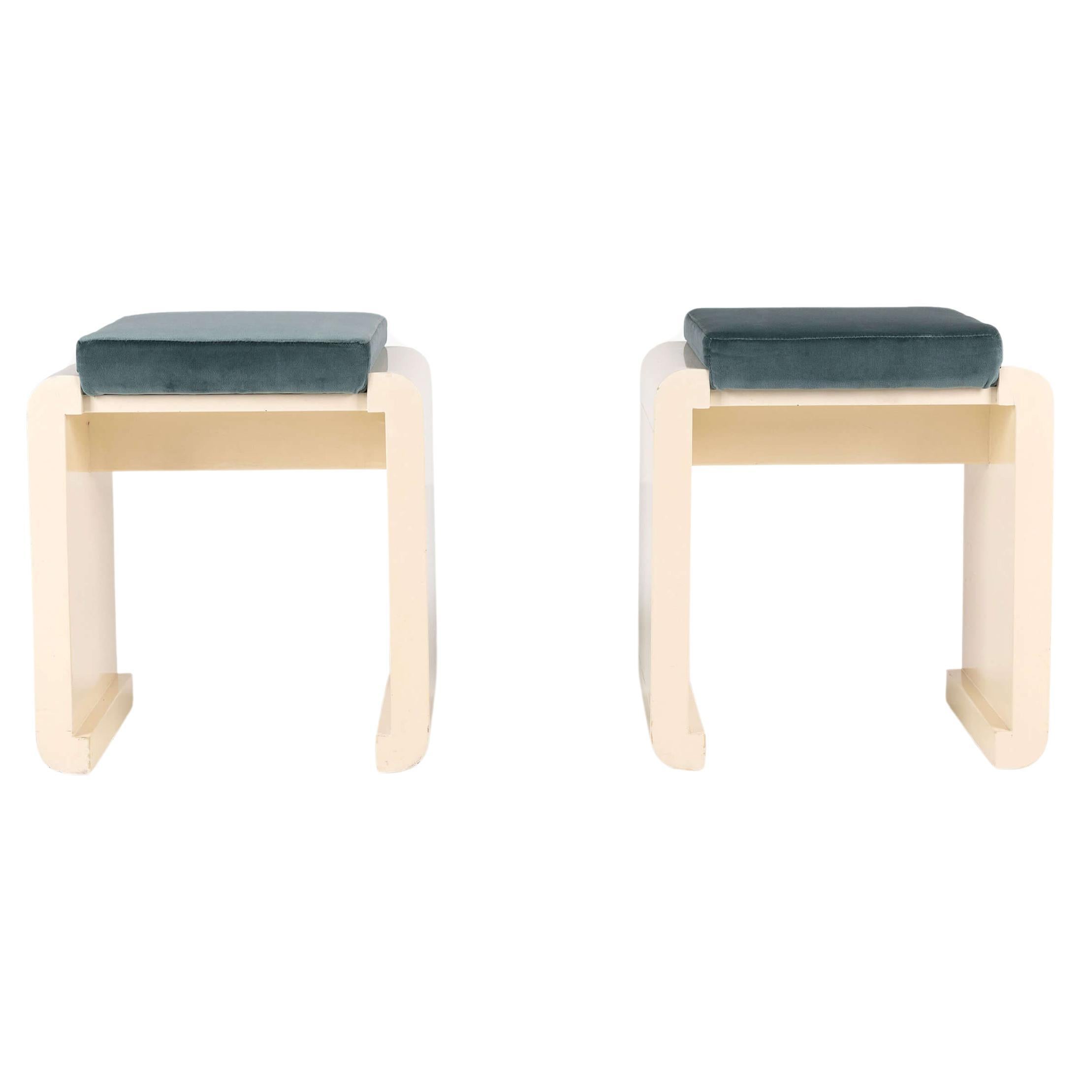 Pair of Italian Creme Lacquered Vanity Stools with Teal Velvet Upholstery