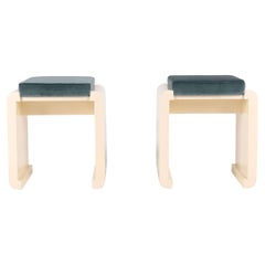 Retro Pair of Italian Creme Lacquered Vanity Stools with Teal Velvet Upholstery