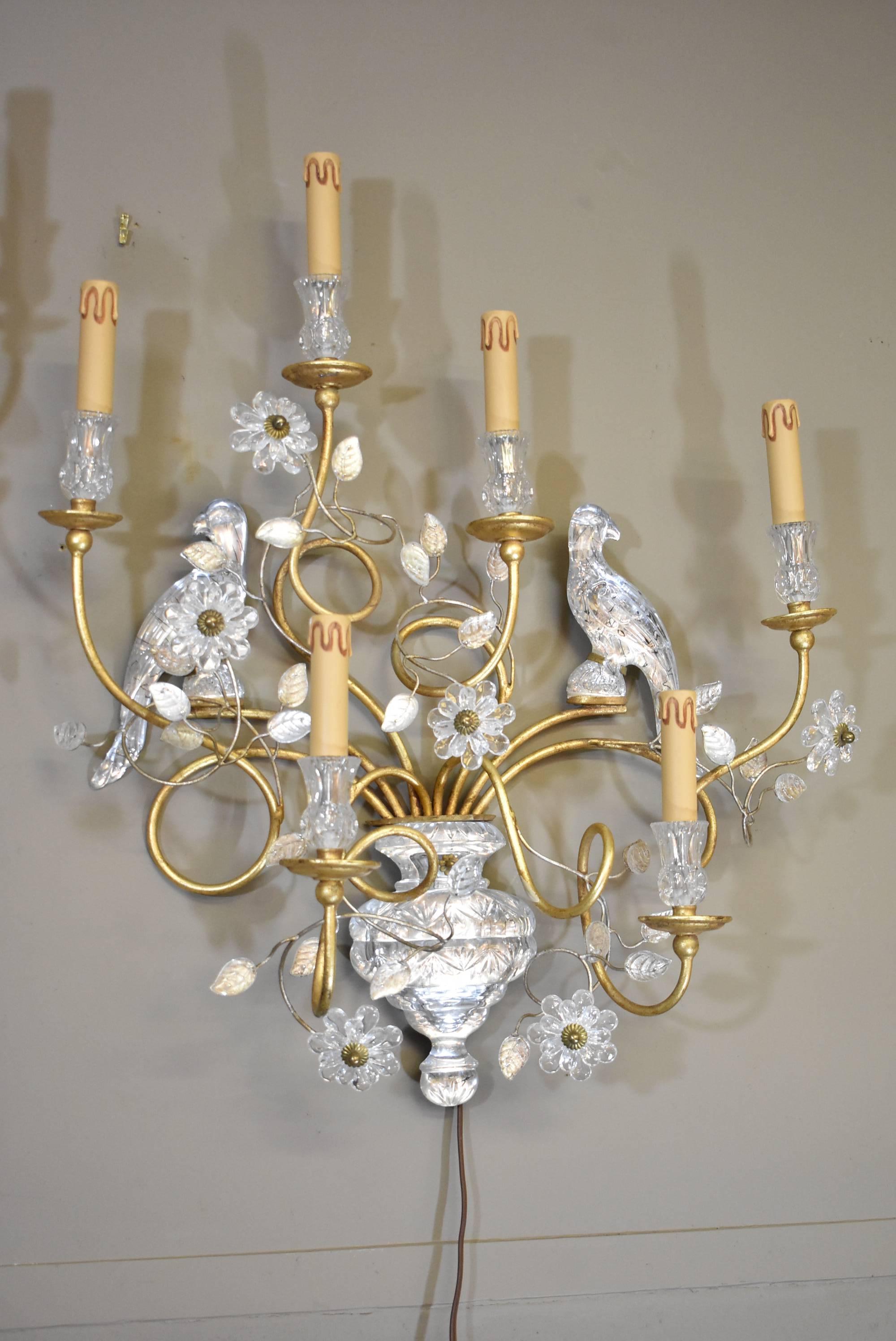 Pair of French Maison Bagues Crystal and Gold Gilt Parrot Bird Wall Sconces In Good Condition For Sale In Toledo, OH