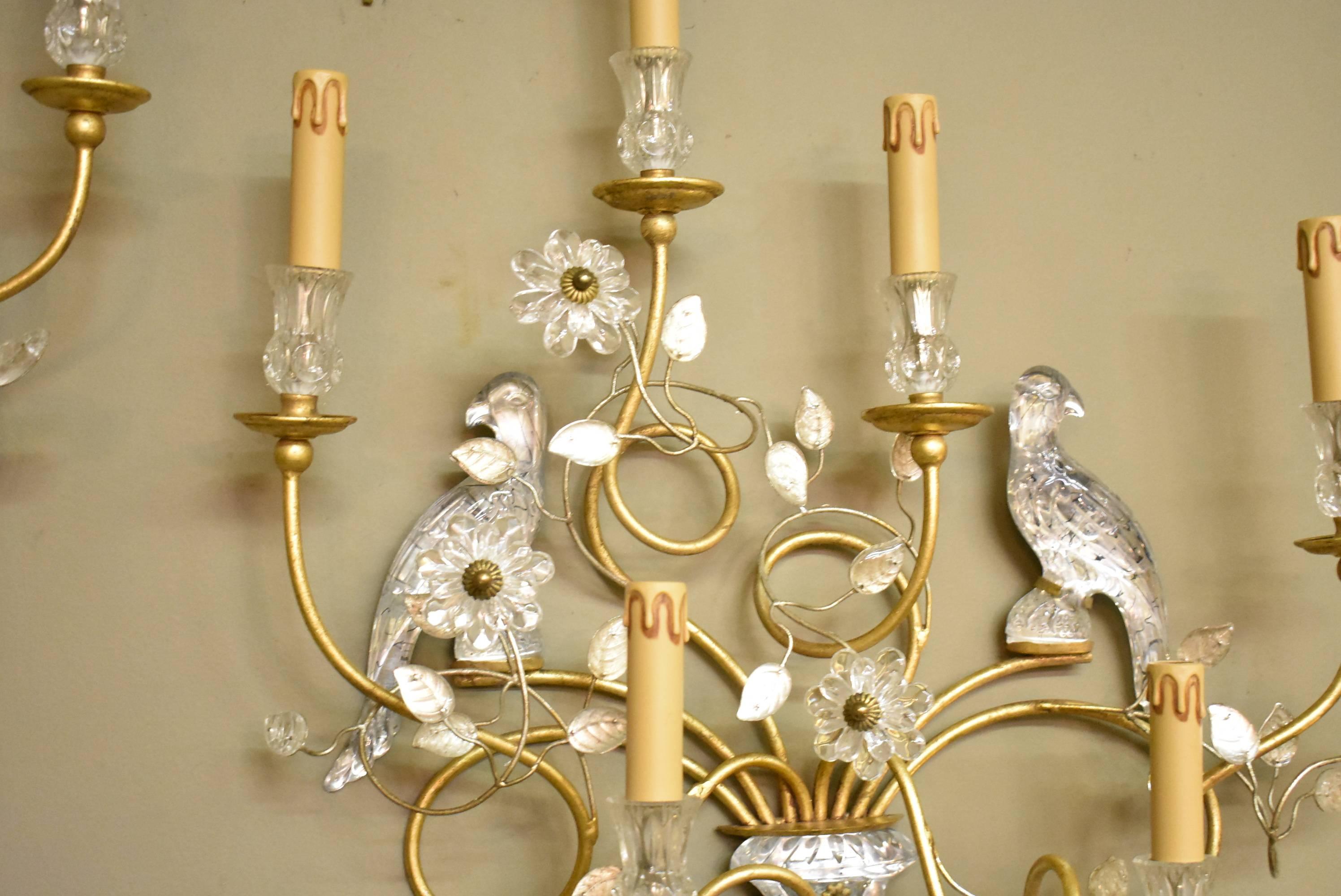 Glass Pair of French Maison Bagues Crystal and Gold Gilt Parrot Bird Wall Sconces For Sale