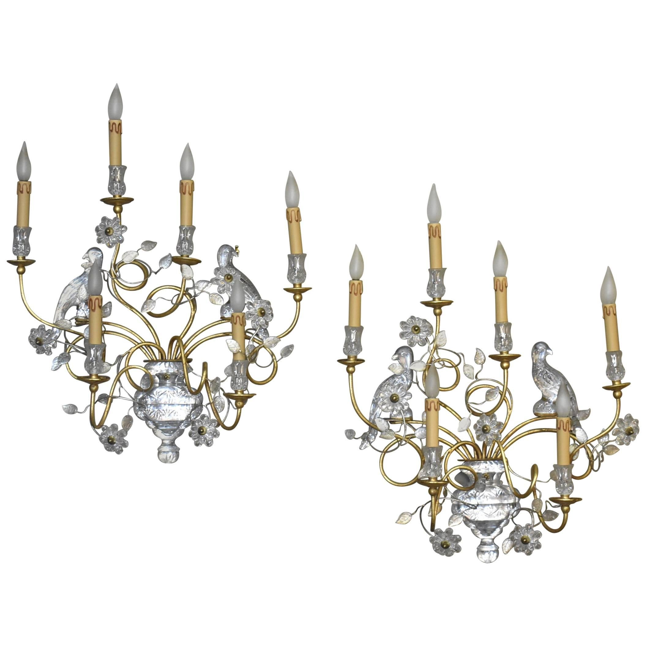 Pair of Italian Crystal and Gold Gilt Parrot Wall Sconces by Banci