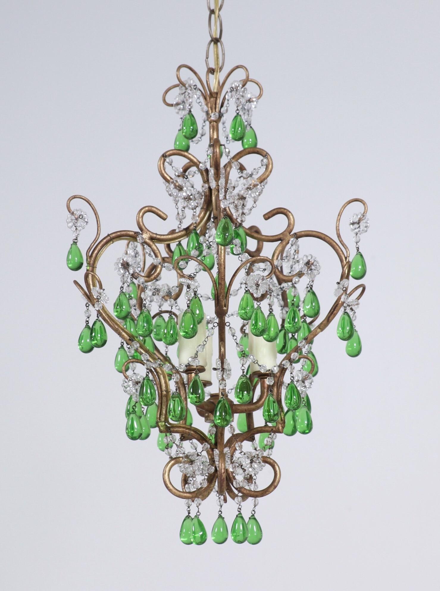 Louis XVI Pair of Italian Crystal Beaded Chandeliers with Green Drops
