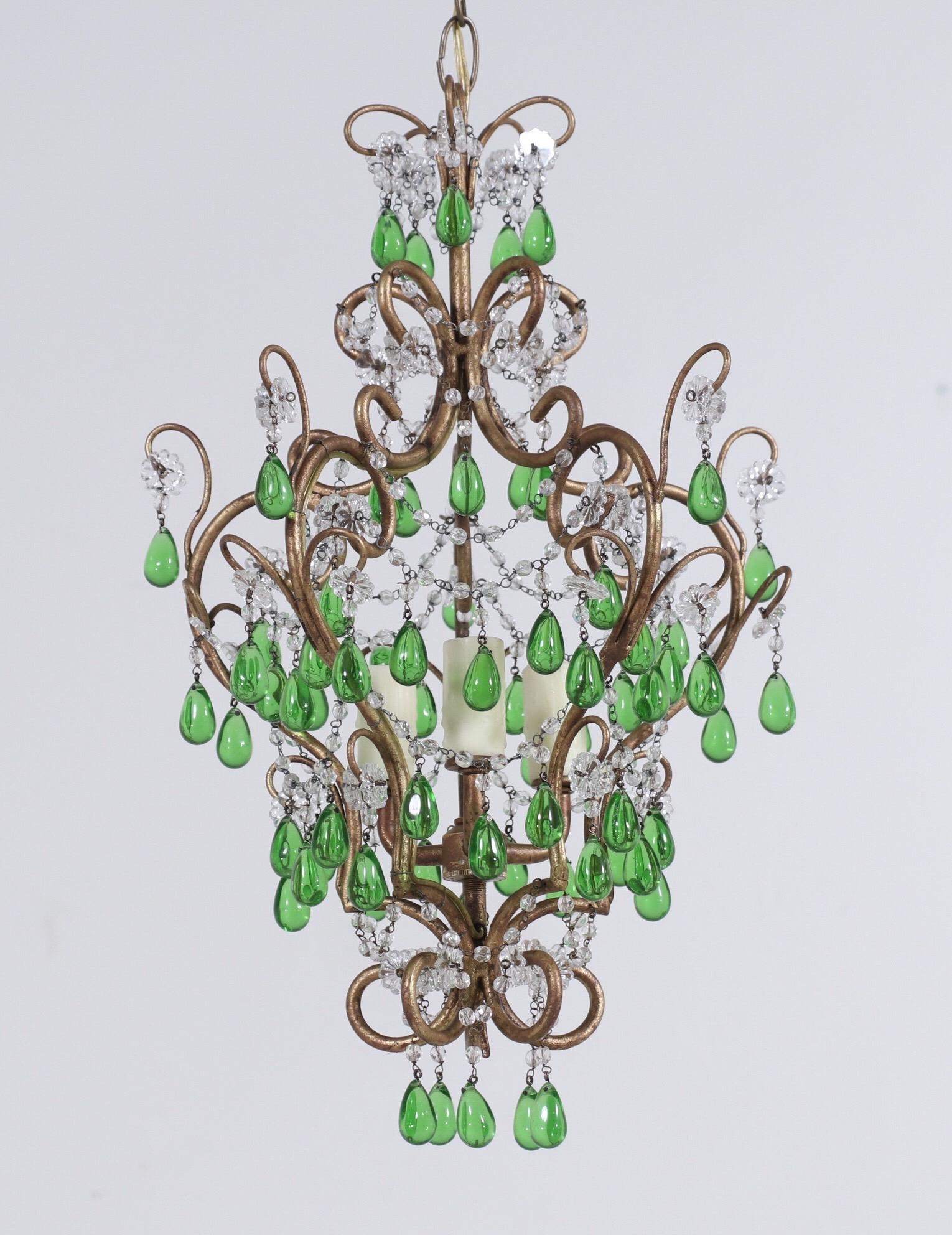 Pair of Italian Crystal Beaded Chandeliers with Green Drops In Good Condition In Los Angeles, CA
