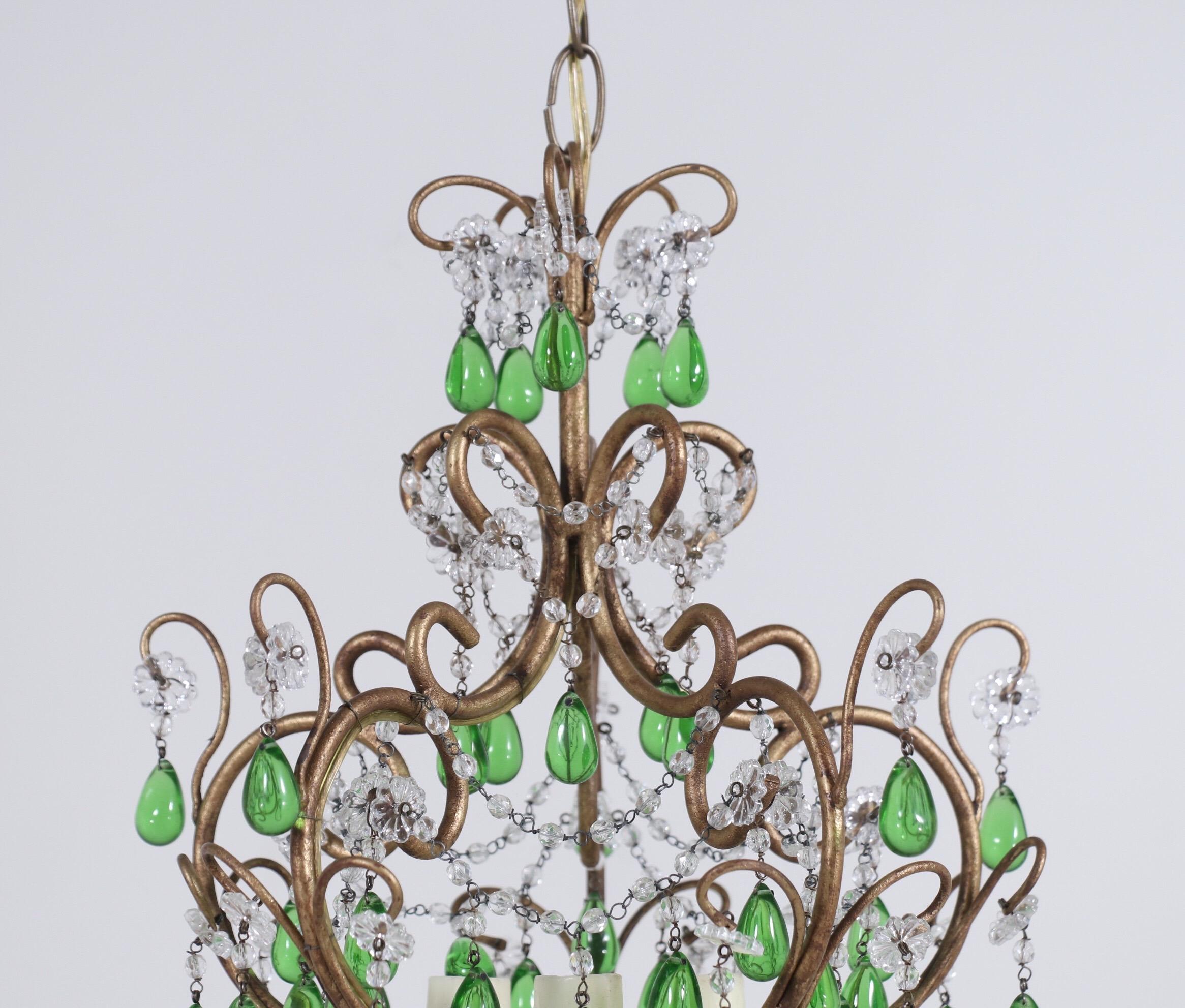 Mid-20th Century Pair of Italian Crystal Beaded Chandeliers with Green Drops