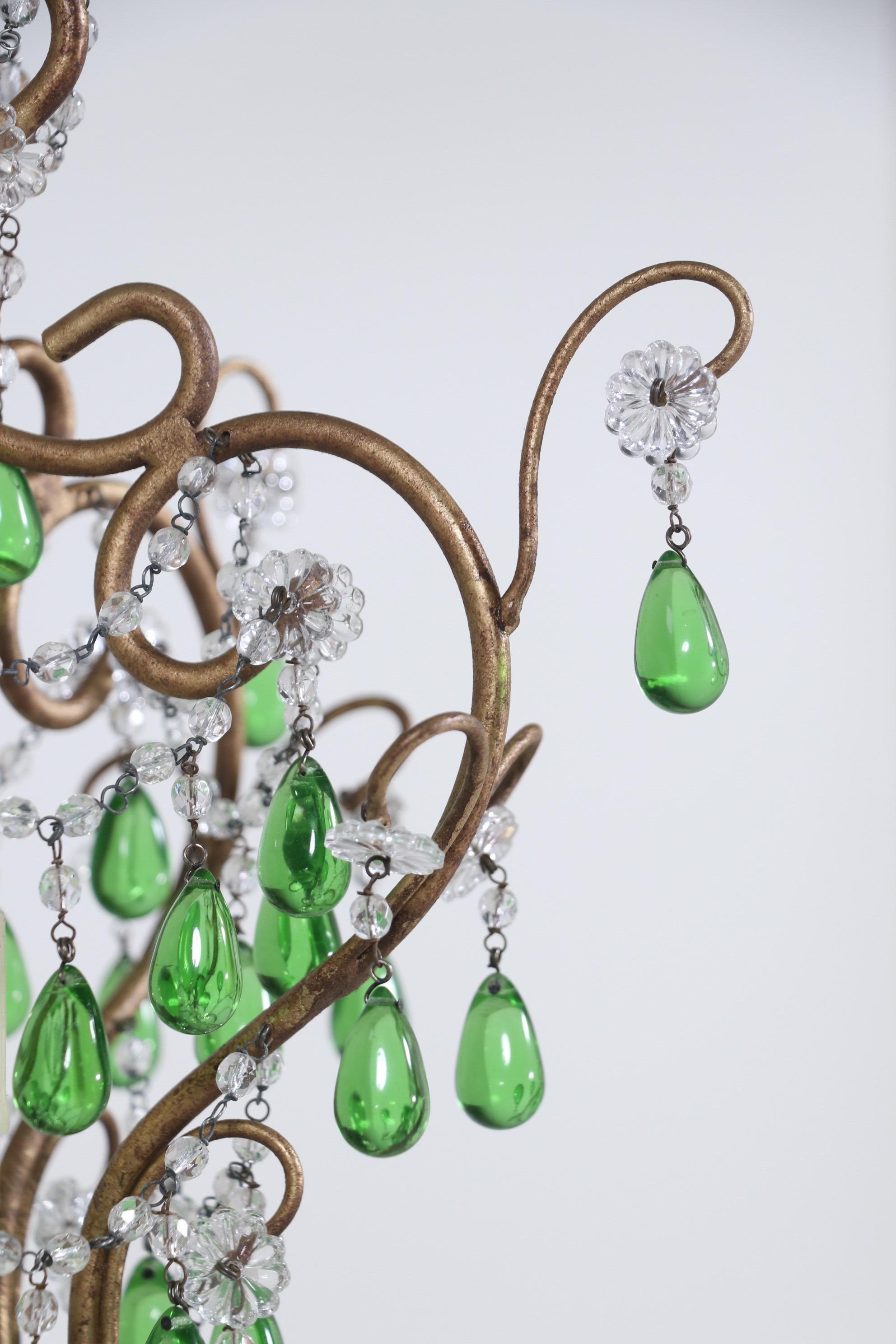 Pair of Italian Crystal Beaded Chandeliers with Green Drops 1