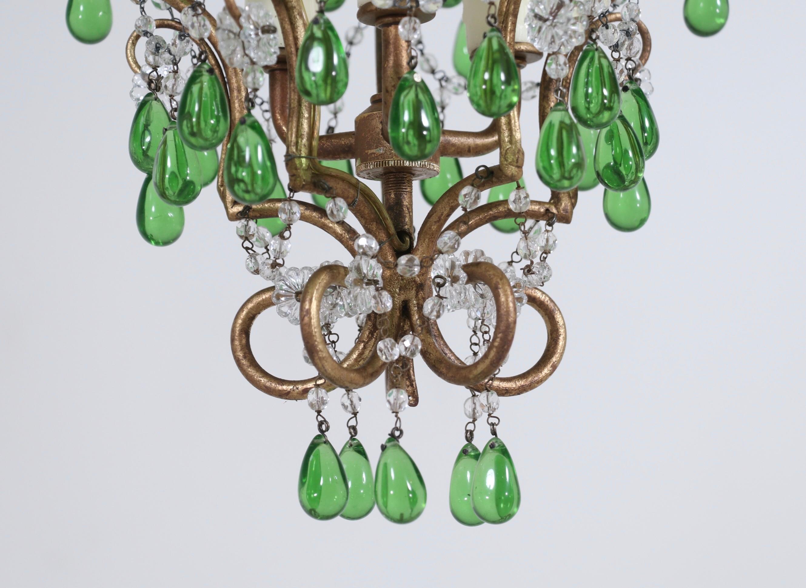 Pair of Italian Crystal Beaded Chandeliers with Green Drops 3