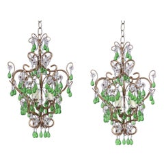 Pair of Italian Crystal Beaded Chandeliers with Green Drops