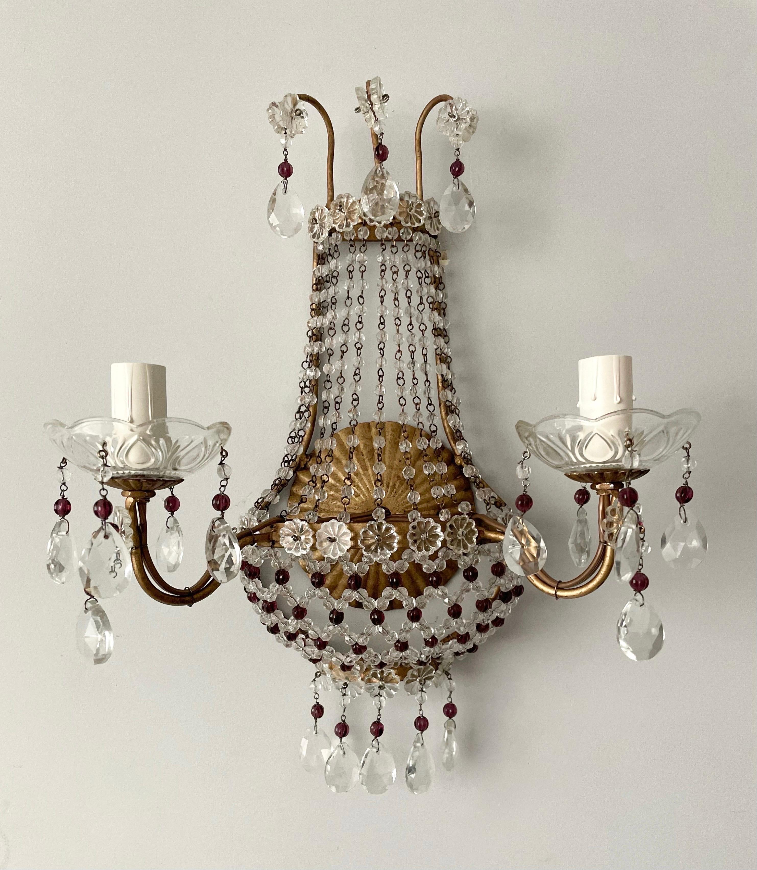 Louis XVI Pair of Italian Crystal Beaded Sconces For Sale