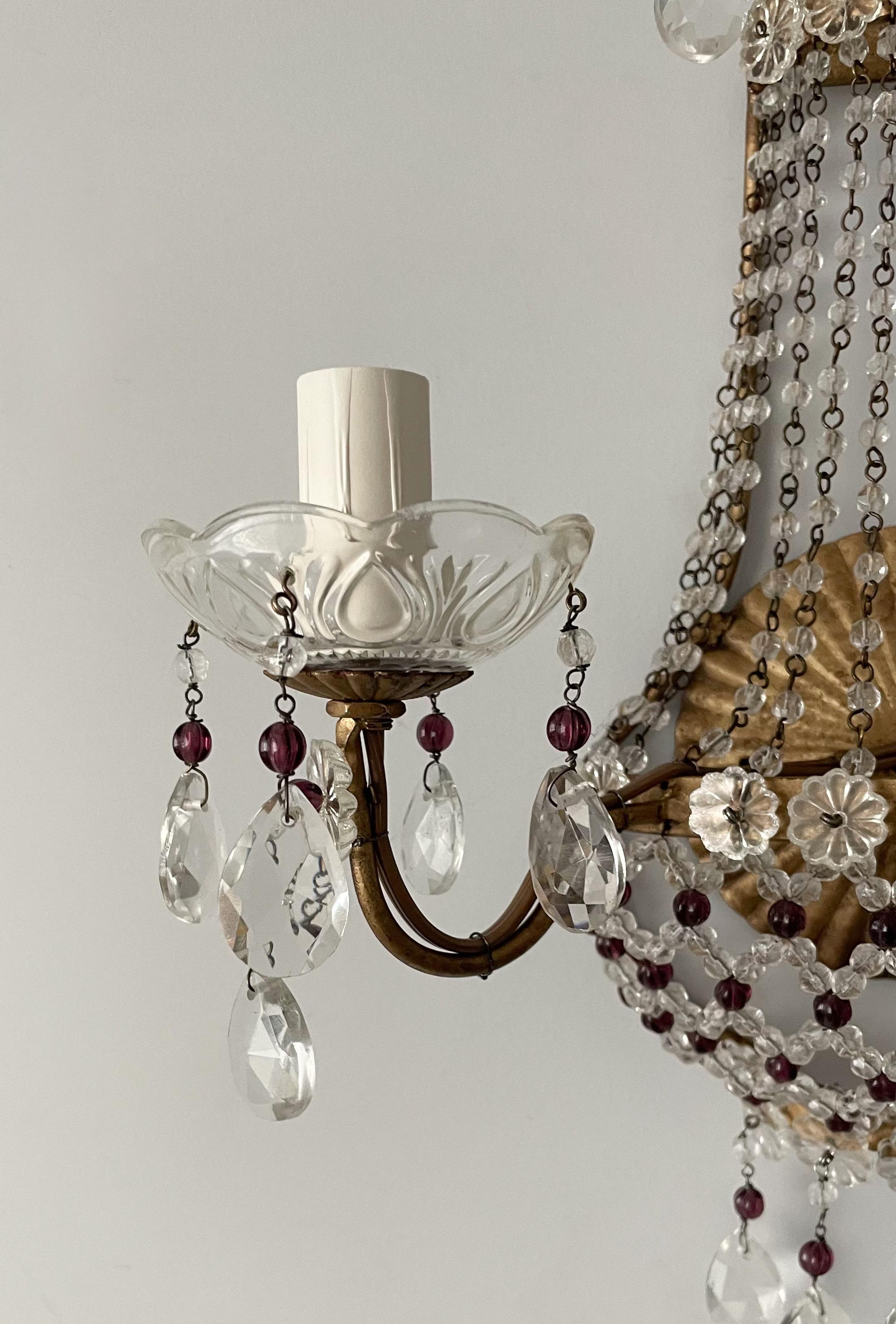 Iron Pair of Italian Crystal Beaded Sconces For Sale