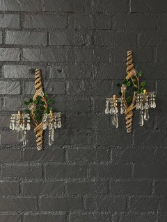 Pair of Italian Crystal Beaded Sconces with Floral Decorations
