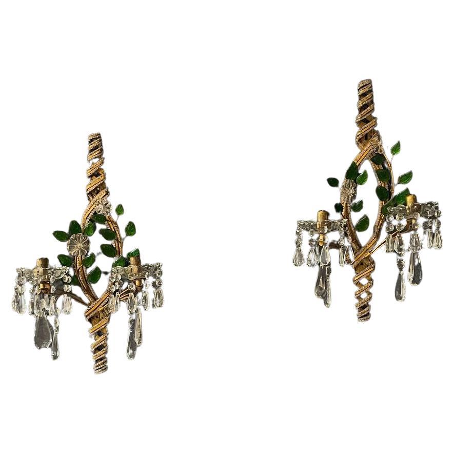 Pair of Italian Crystal Beaded Sconces with Floral Decorations