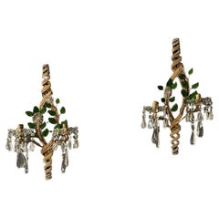 Pair of Italian Crystal Beaded Sconces with Floral Decorations